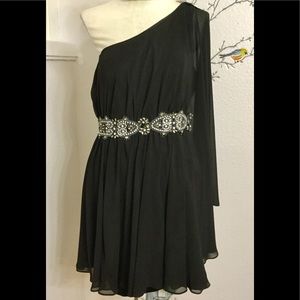 Eliza J One Shoulder Black Cape Midi Beaded Belt
